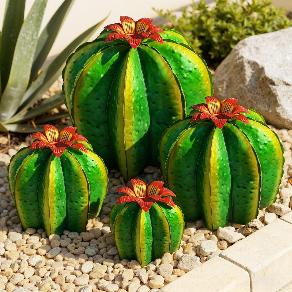 KODIBO Metal Cactus Yard Art, 4-Pack Artificial Barrel Cactus with Flower