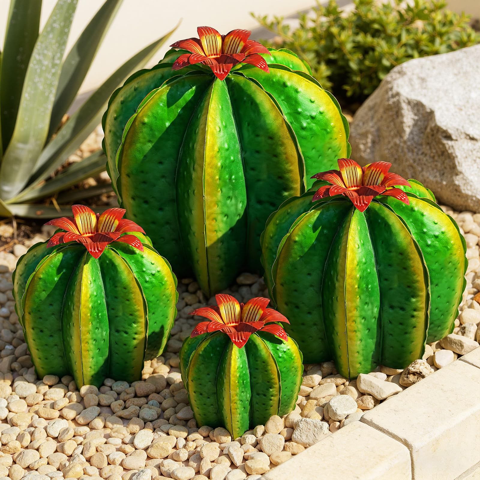 KODIBO Metal Cactus Yard Art, 4-Pack Artificial Barrel Cactus with Flower