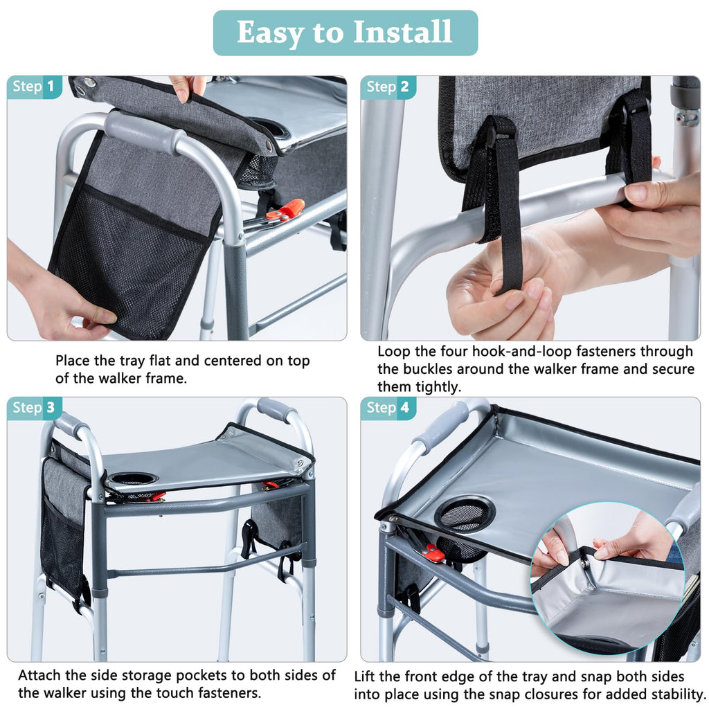 BAGSFY Walker Tray with Cup Holder & Side Pocket – Hard Top Walker Table for Seniors – Folding Walker Accessory for Meals, Reading, Drinks – Non-Slip Surface, Tool-Free Install, Universal Fit