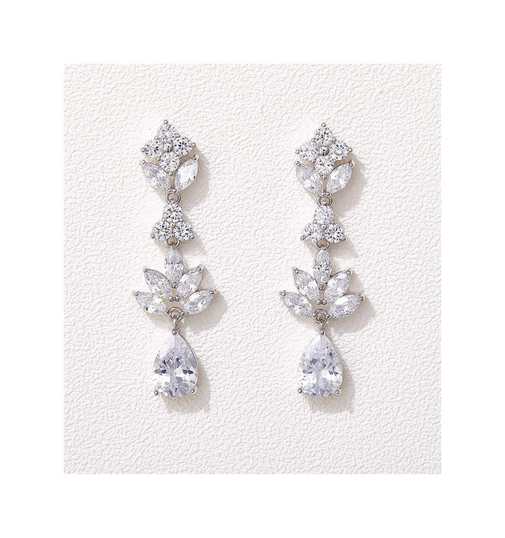 SWEETV Teardrop Wedding Earrings for Brides Birdesmaid, Crystal Cubic Zirconia Bridal Drop Earrings for Women Prom, Silver