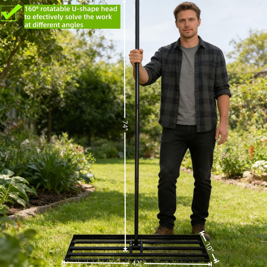 Lawn Leveling Rake, 42” x 10” Leveling Rake，Lawn Leveler w/ 72” Long Non-Slip Handle, Level Lawn Tool for Grass, Golf Field, Level Soil or Dirt Ground