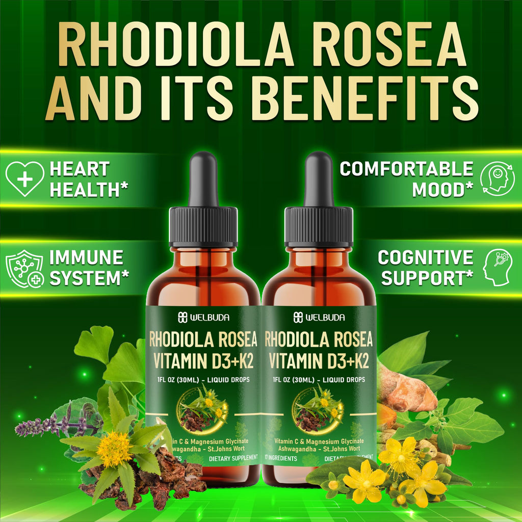 17in1 Rhodiola Rosea Liquid Supplement with Ashwagandha, Magnesium Glycine, L-Theanine, Vitamin C, Vitamin D3, Vitamin K2, Ginkgo, Turmeric, Holy Basil and More - 1 FL Oz - 60 Day Supply