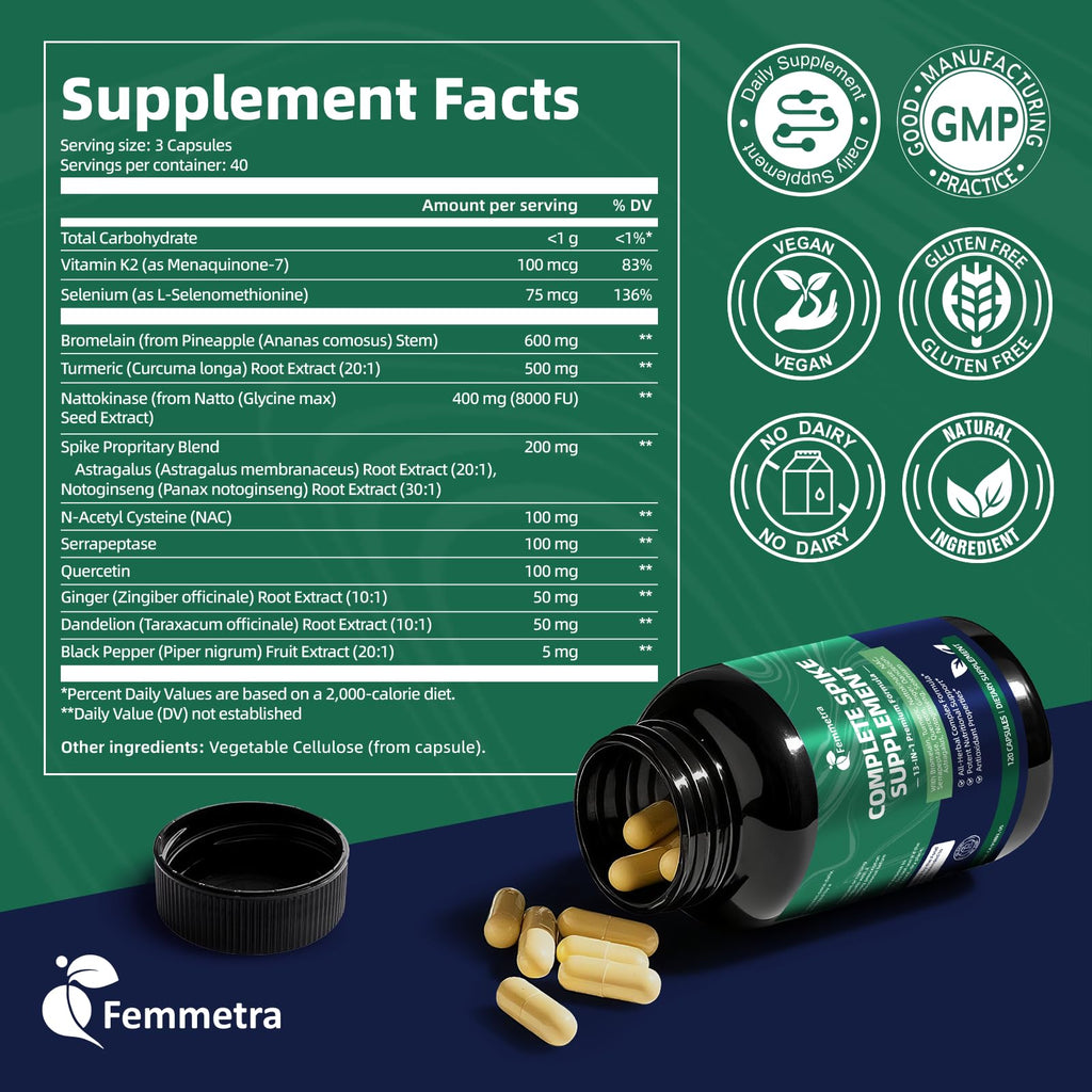 Femmetra Spike Protein Detox Capsules, Nattokinase Supplement 8000FU, Quercetin with Bromelain & Curcumin etc. 13-in-1 Protein Capsules Wellness Formula for Immune Health, Vegan, Non-GMO, 120 Capsules