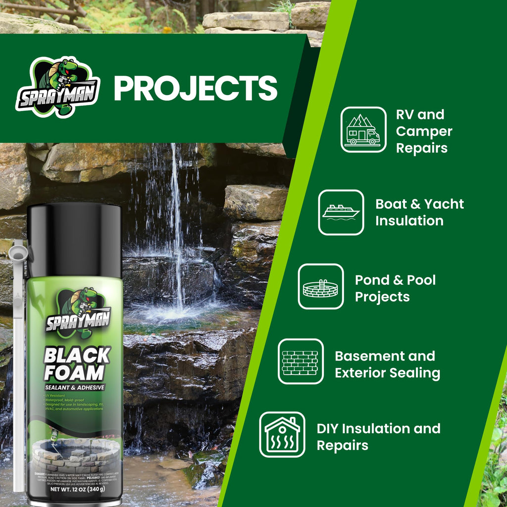 Sprayman Black Waterfall Foam Sealant - (2x12oz) Expanding Polyurethane Pond Foam Sealer, UV Resistant, Water Proof Spray for Landscape & Exterior, Straw Use, 2 Pack