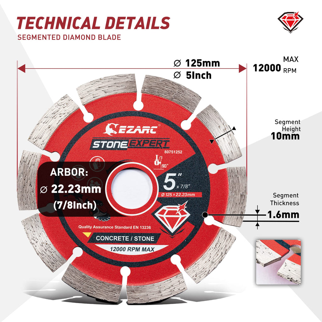 EZARC 5 inch Segmented Diamond Blade, Diamond Cutting Wheel for Angle Grinder Stone Master, 5" Stone Blade for Cutting Concrete Granite Masonry Brick, 7/8"-20mm-5/8 Arbor (2-Pack)