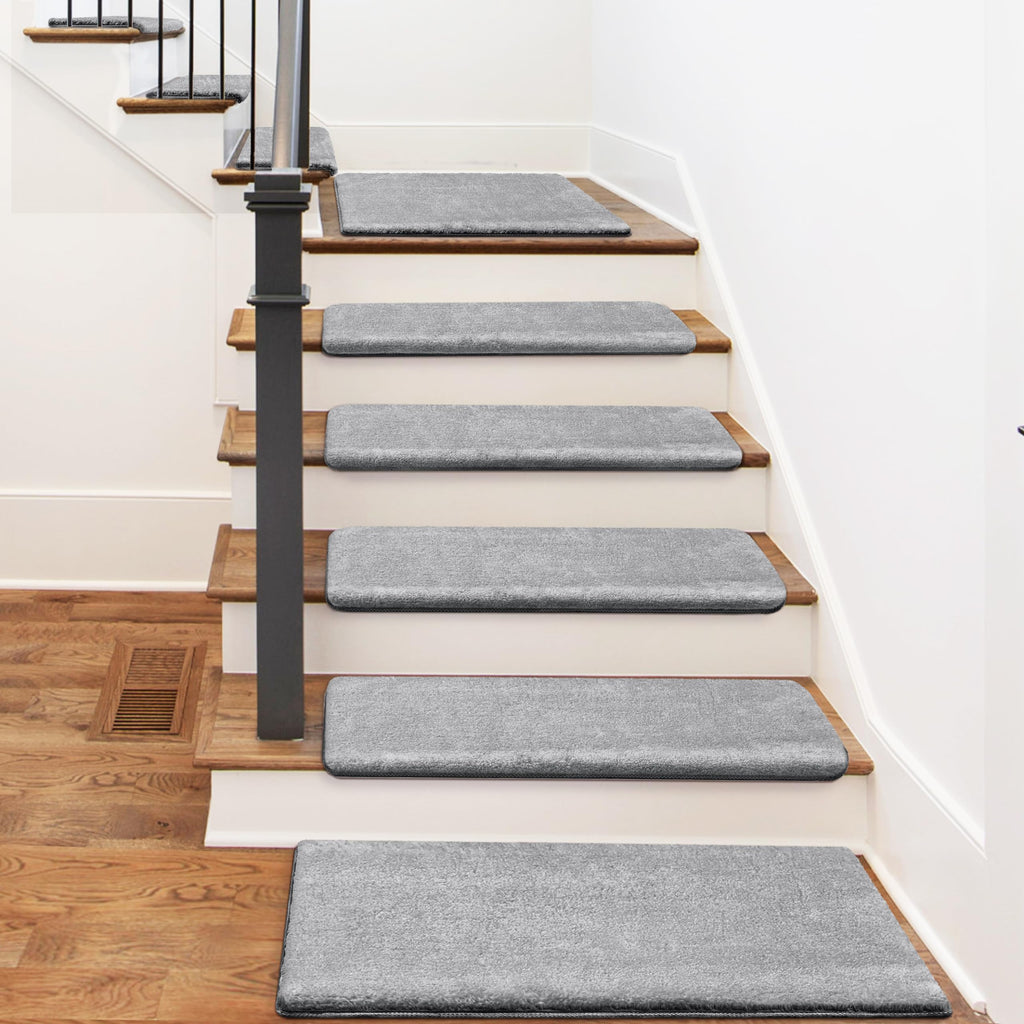 PURE ERA Carpet Stair Treads Ultra Plush 9.5" X 30"Soft Bullnose Indoor Stair Protectors Pet-Friendly Non-Slip Skid Resistant Tape Free Washable Reusable(2 Pieces,Gray)