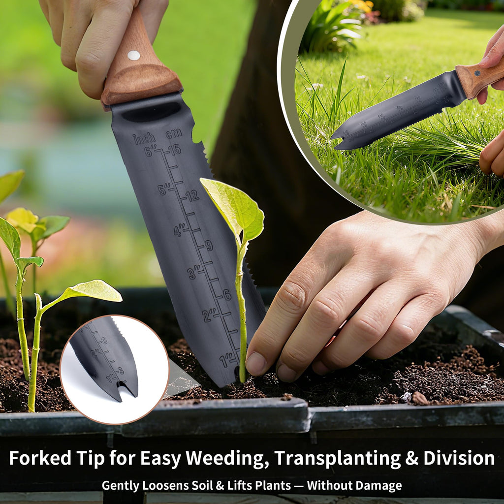 YANG Hori Hori Garden Knife, 7" Stainless Steel Gardening Knife with Oxford Cloth Sheath, Full Tang Beechwood Handle Garden Tool for Dividing Plants & Weeding, Forked Tip for Transplanting
