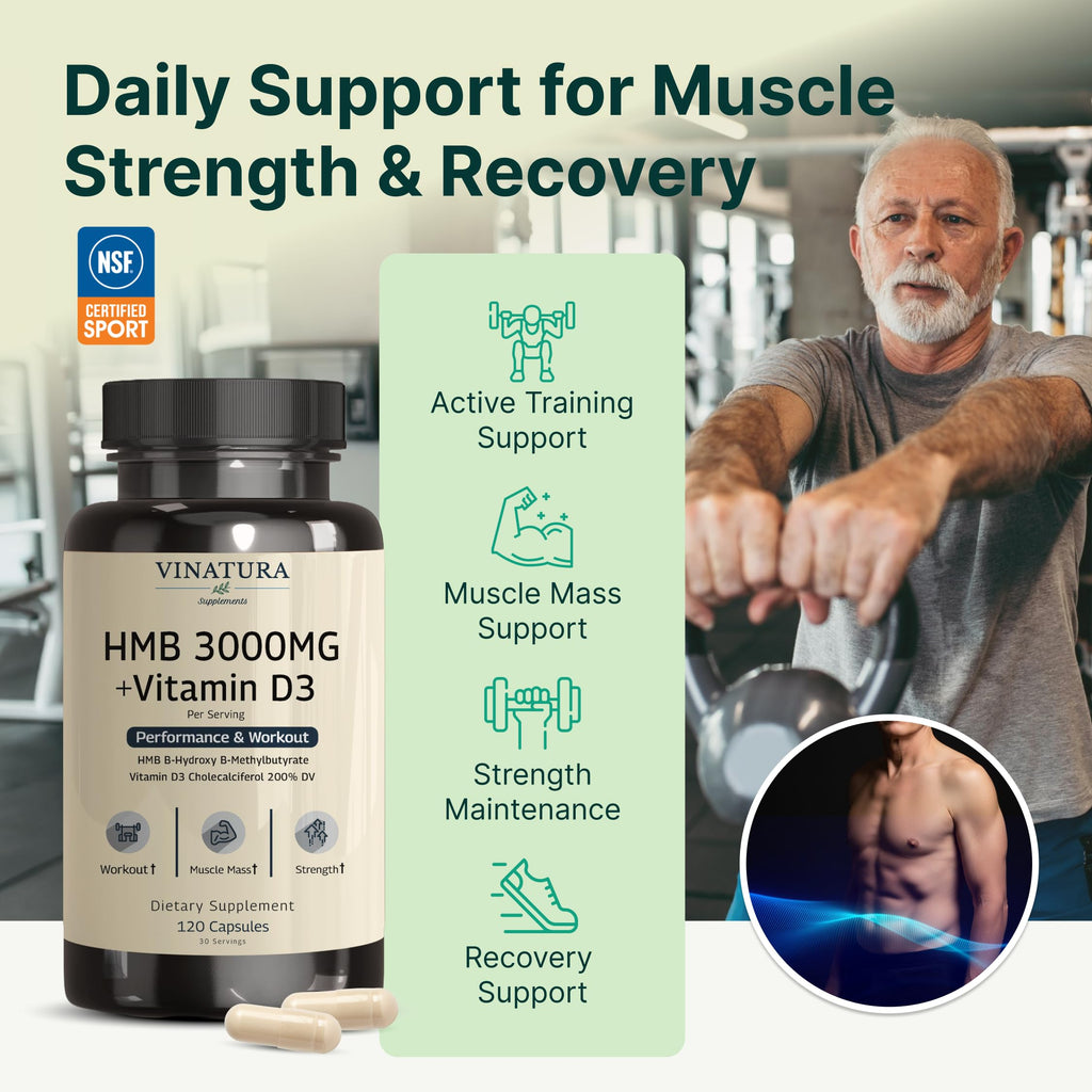 VINATURA HMB 3000mg and Vitamin D3 Supplement - HMB (Beta-Hydroxy Beta-Methylbutyrate), Vitamin D3 (1600 IU), Made in USA & NSF Certified for Sport - 120 Capsules