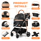 Dog Cat Stroller for Small/Medium Pets up to 50 lbs, 3-in-1 Foldable Pet Stroller with Detachable Carrier, Car Seat, Storage Basket, Cup Holder, Hanging Bag, Rain Cover, All-Terrain 4 Wheels (Black)