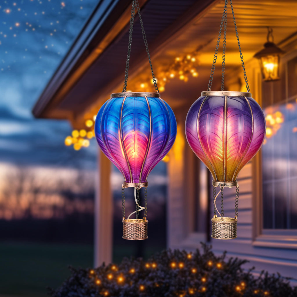 TERESA'S COLLECTIONS 2 Pack Hanging Solar Lantern Outdoor Garden Decor for Valentine,Waterproof Plastic Hot Air Balloon Purple Flickering Flame Effect Lantern for Yard Tree Gift for Mom,18"