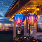 TERESA'S COLLECTIONS 2 Pack Hanging Solar Lantern Outdoor Garden Decor for Valentine,Waterproof Plastic Hot Air Balloon Purple Flickering Flame Effect Lantern for Yard Tree Gift for Mom,18"