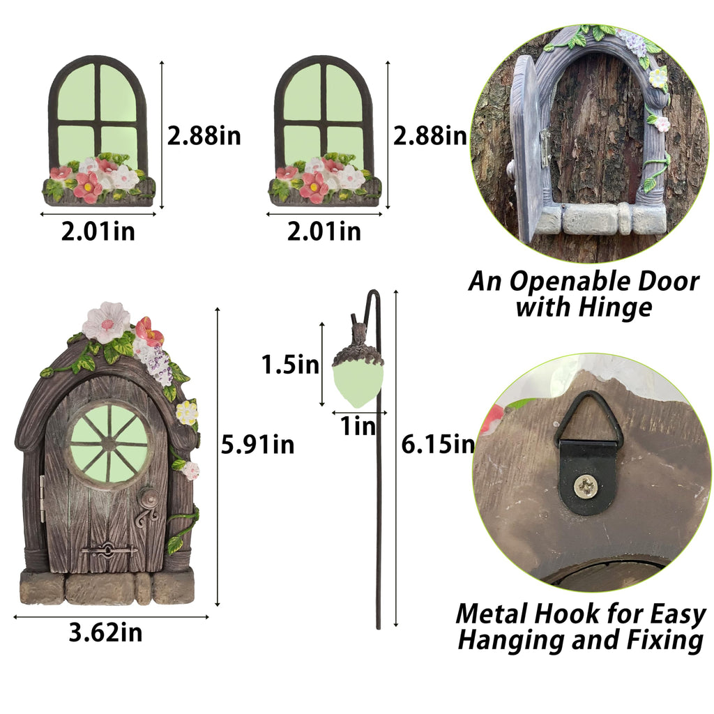 FESTGLOX Fairy Garden Door Windows for Tree Trunk Outdoor, Glow in the Dark