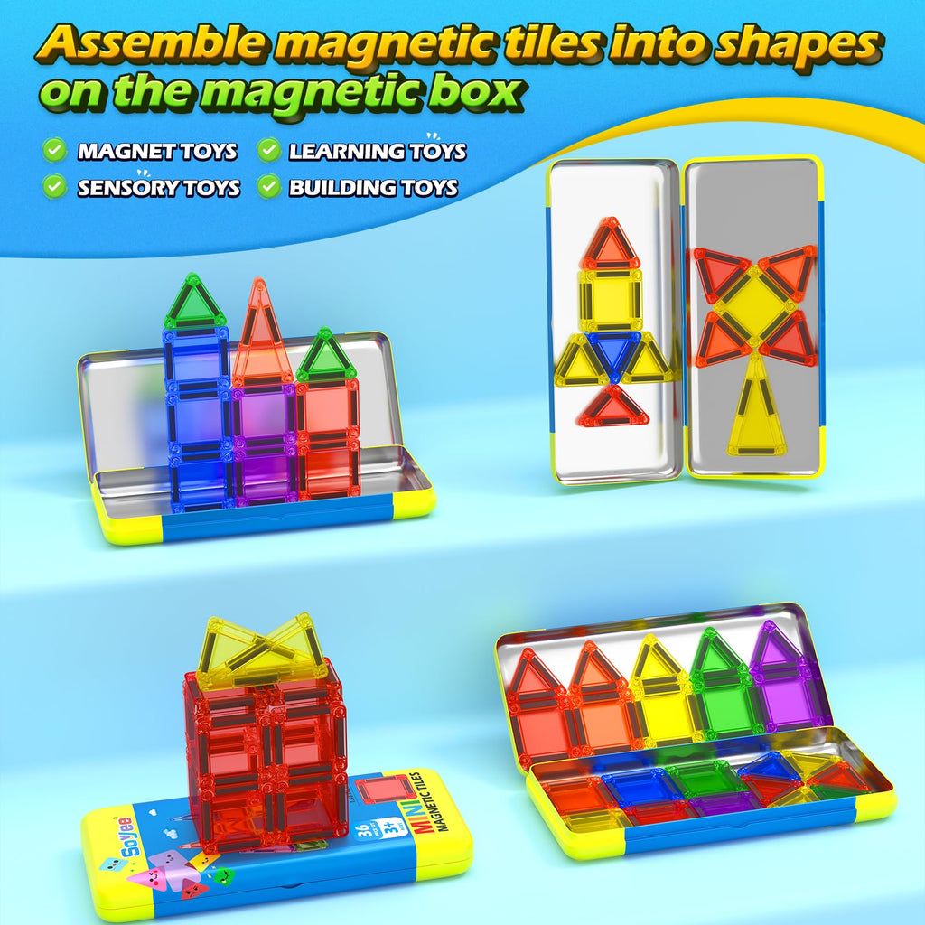 Mini Magnetic Tiles Travel Toddler Toys with Metal Tin Portable STEM Building Kids Toys for 3 4 5 6 7 8+ Years Old Boys & Girls & Birthday Gifts