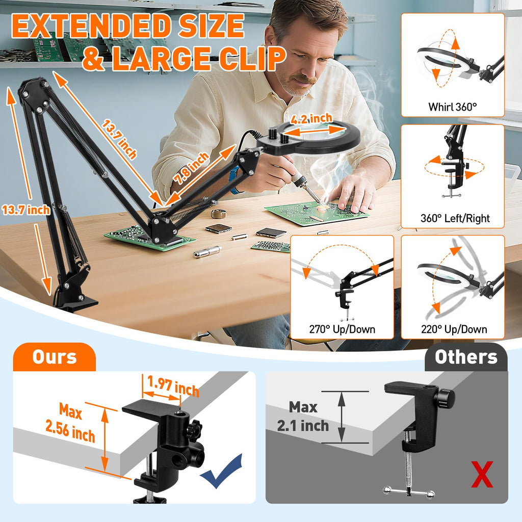 KIRKAS 12X Magnifying Glass with Light and Stand, Extra-Long Arm Knob