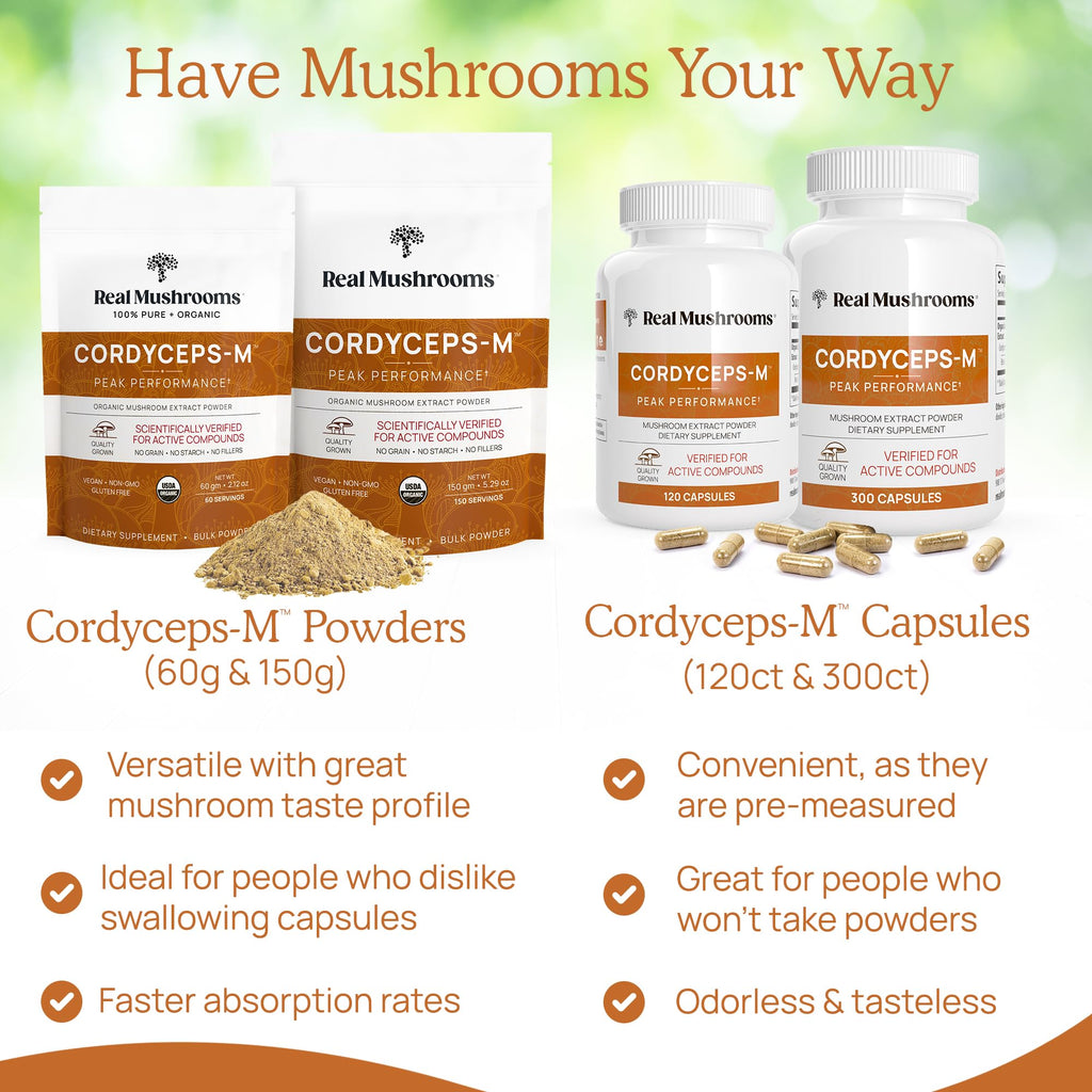 Real Mushrooms Capsules Supplements - Organic Cordyceps Mushroom Powder in Capsules - Energy and Performance Mushrooms with Verified Beta Glucans - Vegan, Non-GMO, 300 Capsules