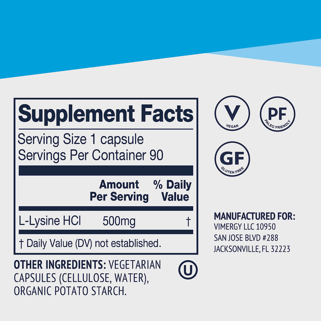 Vimergy L-Lysine – Promotes Healthy Skin, Hair & Nails* – Supports Healthy Metabolism* – Vegan, Non-GMO & Gluten-Free – 90 Capsules