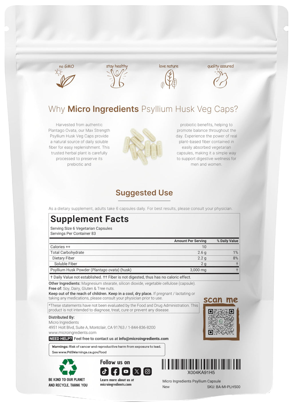 Micro Ingredients Psyllium Husk Capsules 3000mg, 500 Veg Caps | Soluble Fiber Supplement for Women & Men | Natural Prebiotics & Probiotics Fiber Supplements for Gut & Digestive Health | Non-GMO