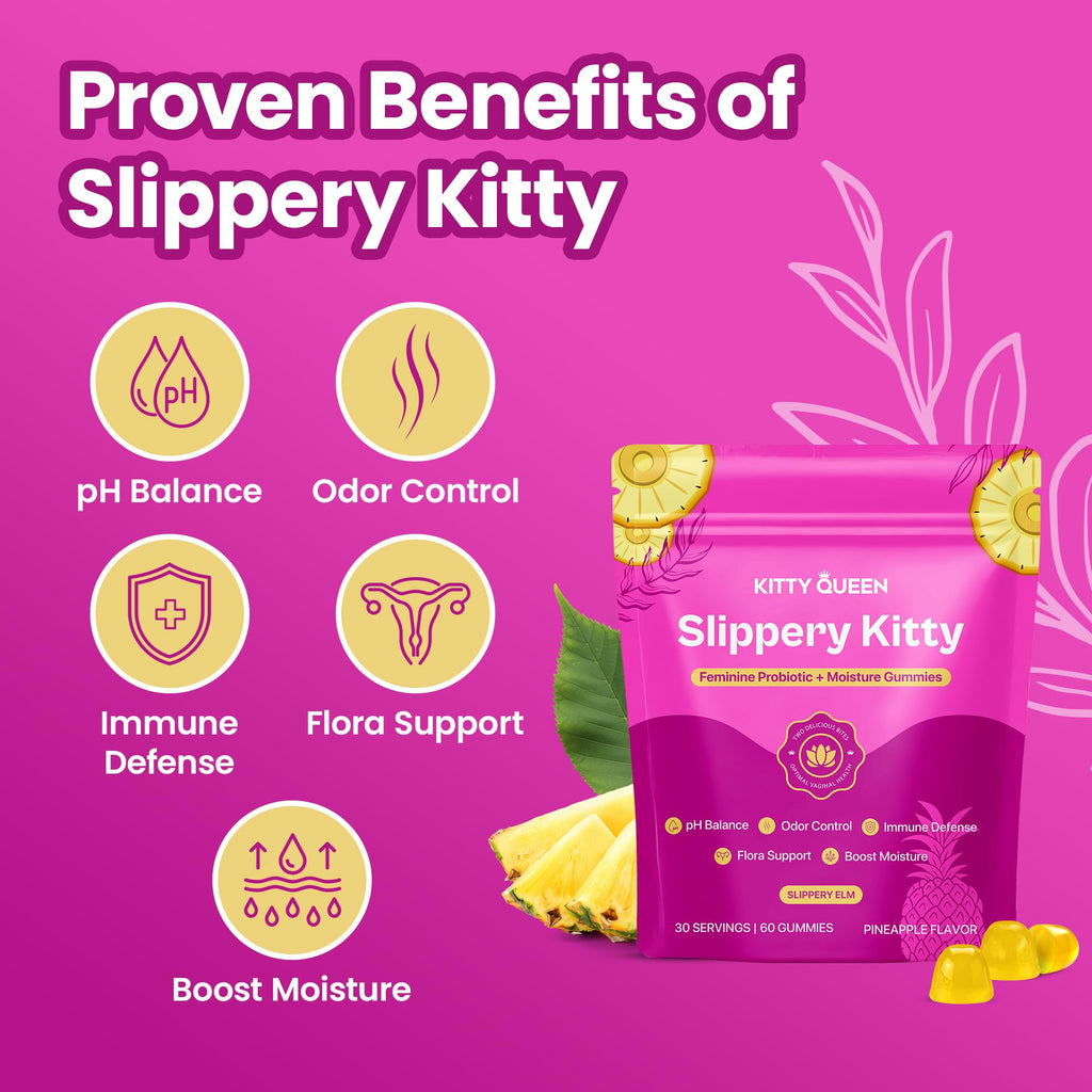 KITTYQUEEN Slippery Kitty Feminine Probiotic and Moisture Gummies, Pineapple Flavor, Women’s Probiotic Gummies for Vaginal Health, pH Balance, Odor Control, Flora Support and Moisture Boost, 60 Count