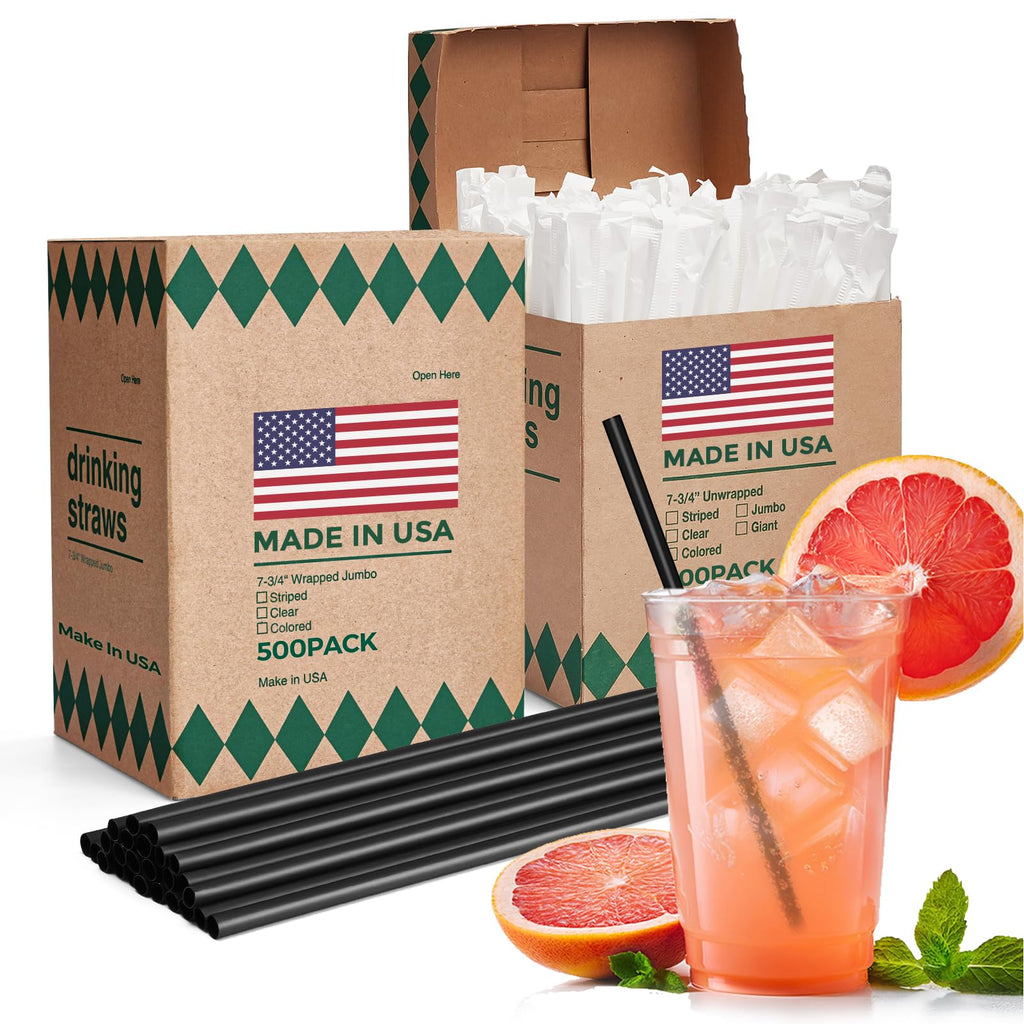 Glotoch Express 1000 PCS Individually Wrapped Black Plastic Straws, 7.75'' Long, 0.24'' Diameter Disposable Drinking Straws for Every Occasion, Party, Made in USA