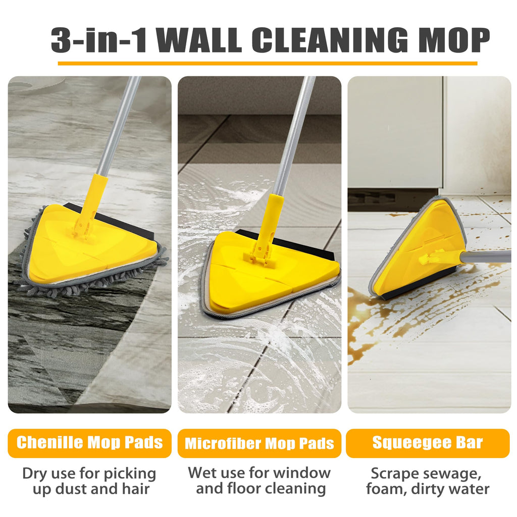 JEHONN Wall Mop with Long Handle 80 Inches, Upgraded 180° Collapsible Baseboard Cleaner Tool with Squeegee, Ceiling Duster with 3 Microfiber and 3 Chenille Pads for Cleaning Window, Cabinet (Yellow)