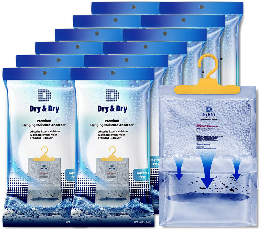 Dry & Dry Premium Moisture Absorbers Dehumidifiers for Home, Basement, Bedroom, Small Dehumidifiers - Blue & White (Pack of 12) 14 ounce