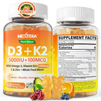 Vitamin D3 K2 Gummies 5000IU / 10,000 IU with Omega-3 250mg+K2(MK-7) 100mcg -5X Absorption Than Standard D3K2,with Vitamin C,Zinc,and 5 Organic Vegetables,Supports Bone & Teeth Strength, Immune,1 Pack