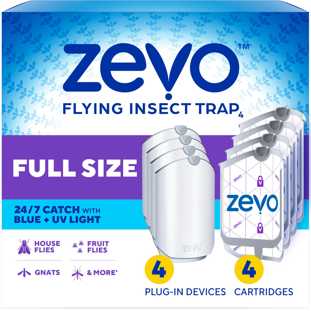 Zevo Flying Insect Traps - Plug-in Indoor Fly Trap and Bug Light Trap Refill with Blue and UV Light - No-Mess Cartridge for House Flies, Fruit Fly Trap and Gnats (4 Plug-in Bases and 4 Cartridges)