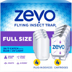 Zevo Flying Insect Traps - Plug-in Indoor Fly Trap and Bug Light Trap Refill with Blue and UV Light - No-Mess Cartridge for House Flies, Fruit Fly Trap and Gnats (4 Plug-in Bases and 4 Cartridges)