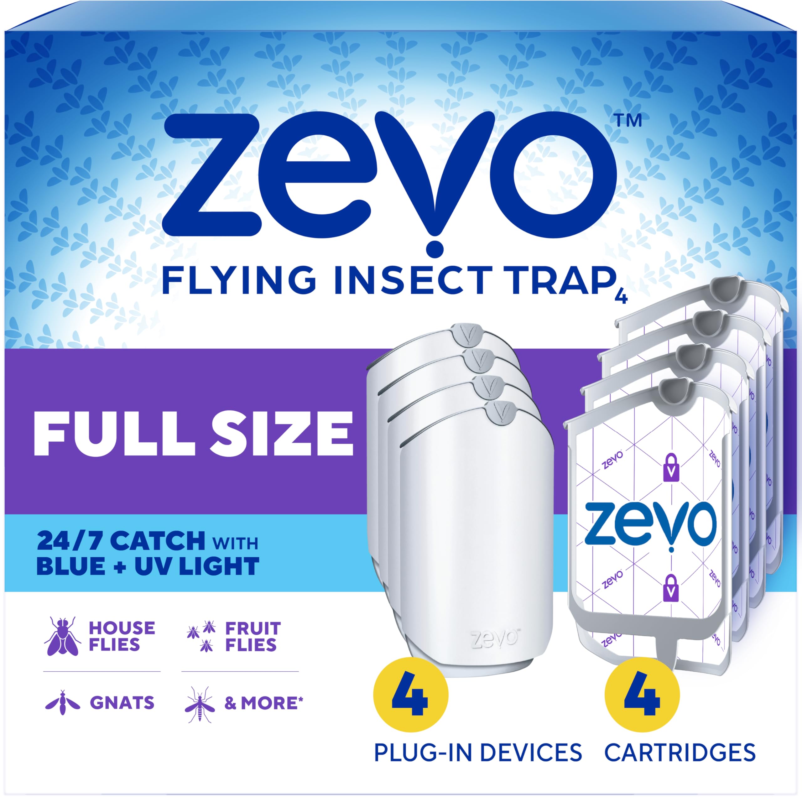 Zevo Flying Insect Traps - Plug-in Indoor Fly Trap and Bug Light Trap Refill with Blue and UV Light - No-Mess Cartridge for House Flies, Fruit Fly Trap and Gnats (4 Plug-in Bases and 4 Cartridges)
