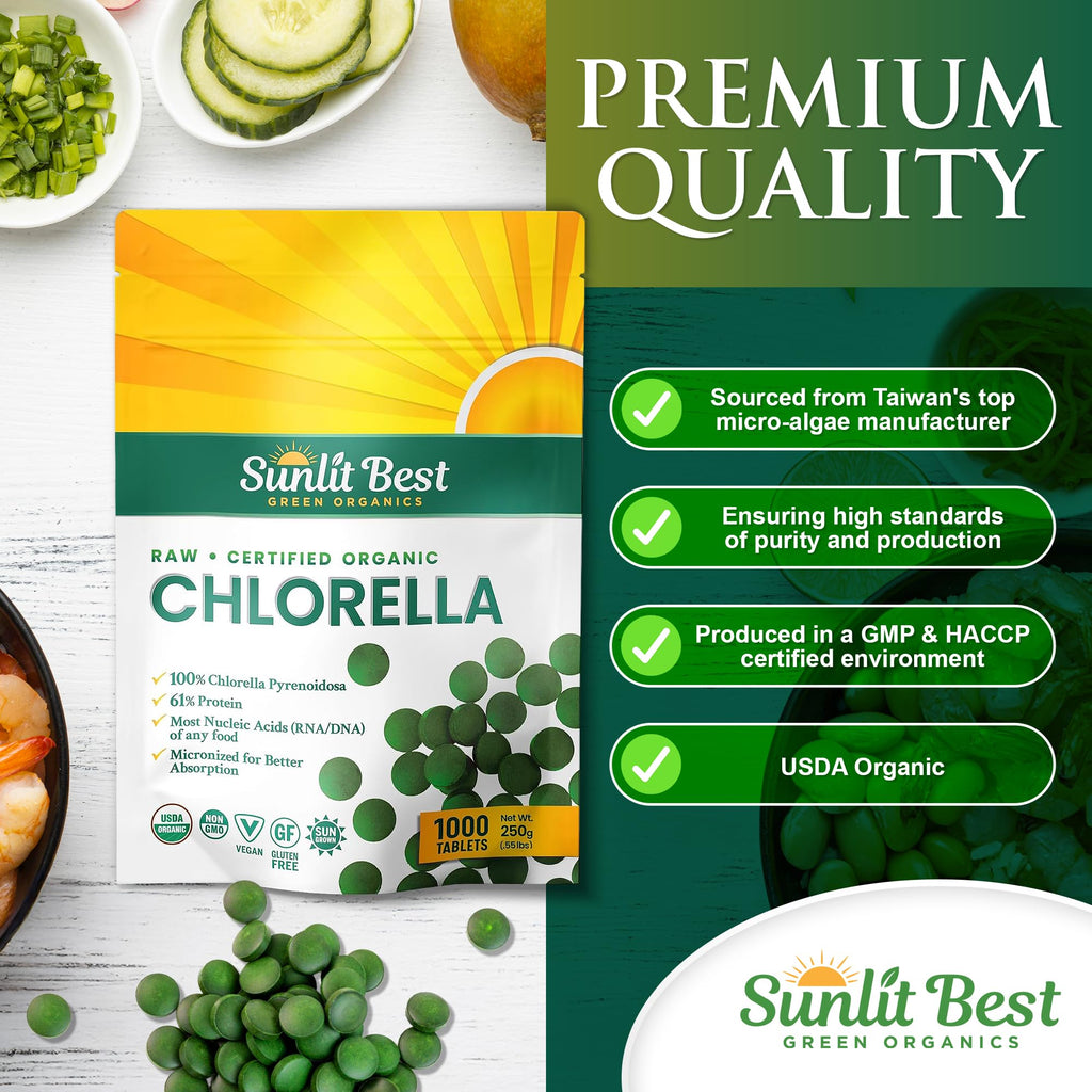 Sunlit Best USDA Organic Premium Chlorella Tablets 1000 Count | 100% Pure Chlorella Superfood Supplement High in Protein, Chlorophyll, Vitamins, & Minerals | Supports Good Health, Wellbeing