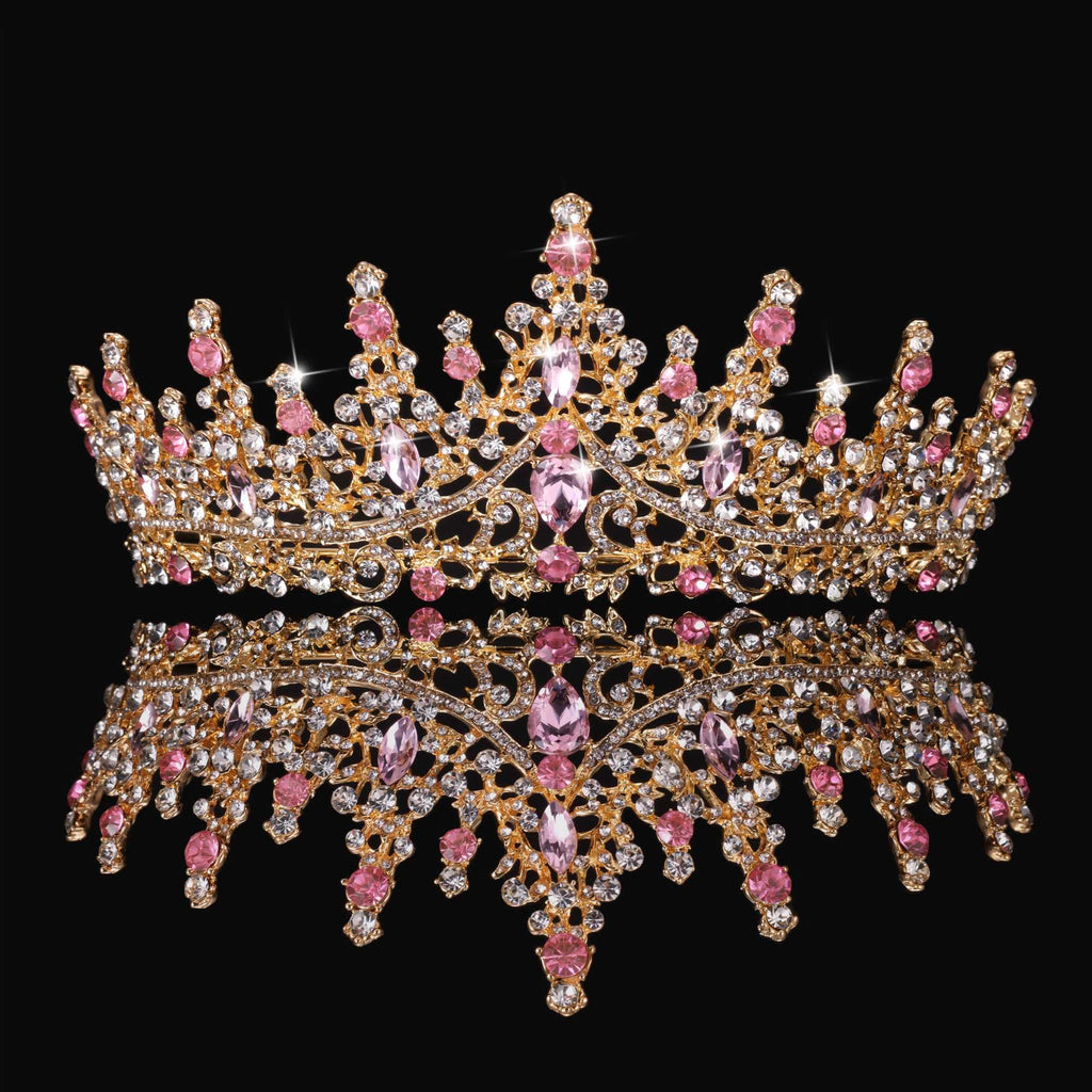 Kamirola Tiaras and Crowns for Women,Tiaras Earrings Necklace, Crystal Bridal Jewelry Set (Gold Pink)