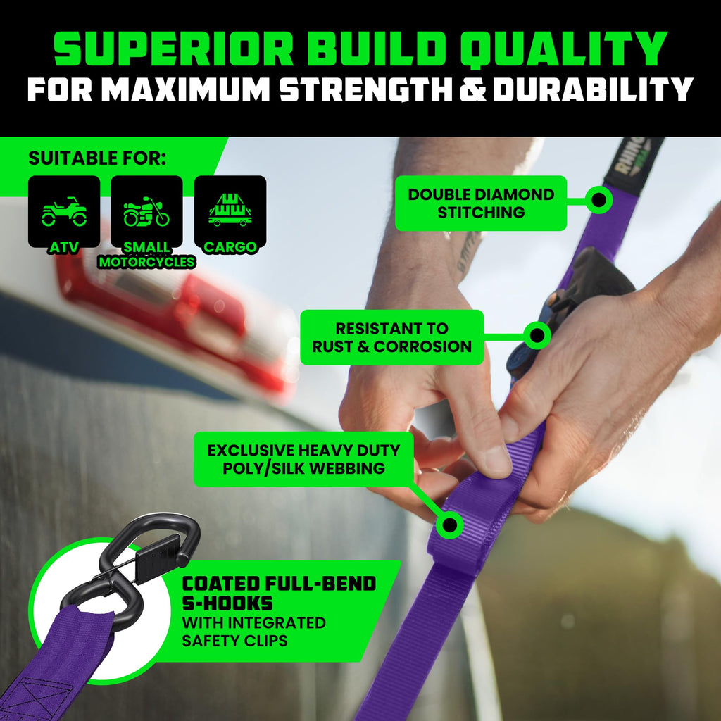 Rhino USA Retractable Ratchet Straps (2-Pack) - 1 Inch x 10 Feet (1,209lb Break Strength) - Auto Self Retracting Tie Down Straps for Truck, Cargo Trailer, Motorcycle, ATV, UTV - Purple