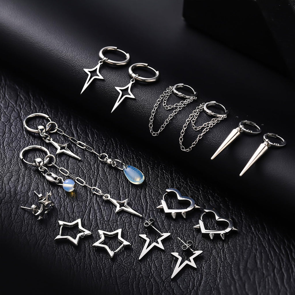 Quelay 8 Pairs Dangle Hoop Earrings for Men Women Punk Y2k Goth Gothic Tassel Chain Drop Star Moon Stud Huggie Earrings Gift(Star Style,Silver)