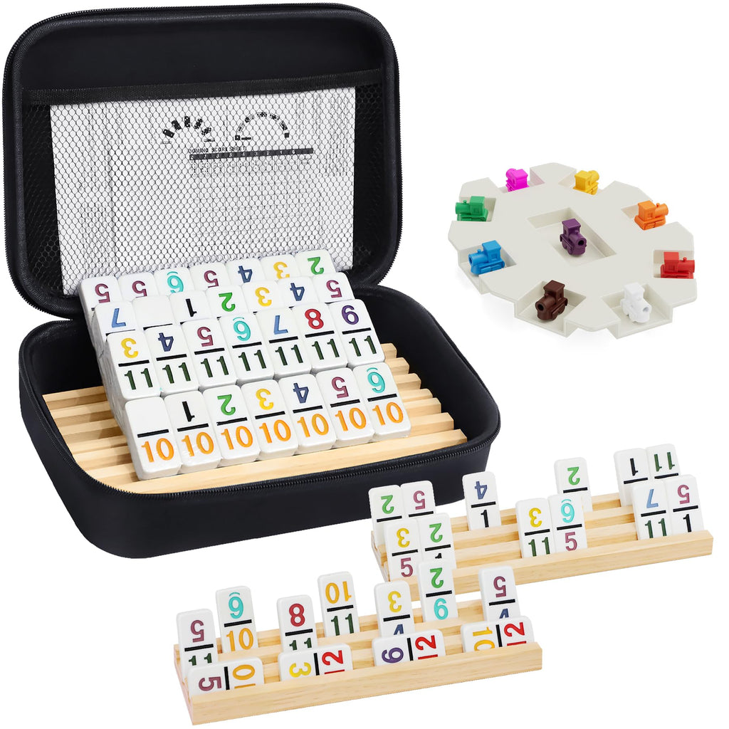 Mexican Dominos Set with Numbers and 4 Wooden Trays/Stands, Double 12 Dominoes, Travel Set with 4 Tile Holders, 91 Double Plates, 12 Colourful Dominoes with Portable Case, for