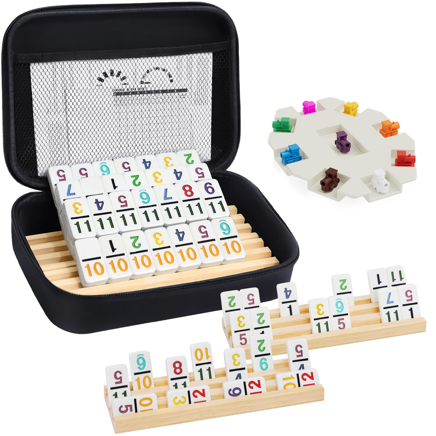 Mexican Dominos Set with Numbers and 4 Wooden Trays/Stands, Double 12 Dominoes, Travel Set with 4 Tile Holders, 91 Double Plates, 12 Colourful Dominoes with Portable Case, for