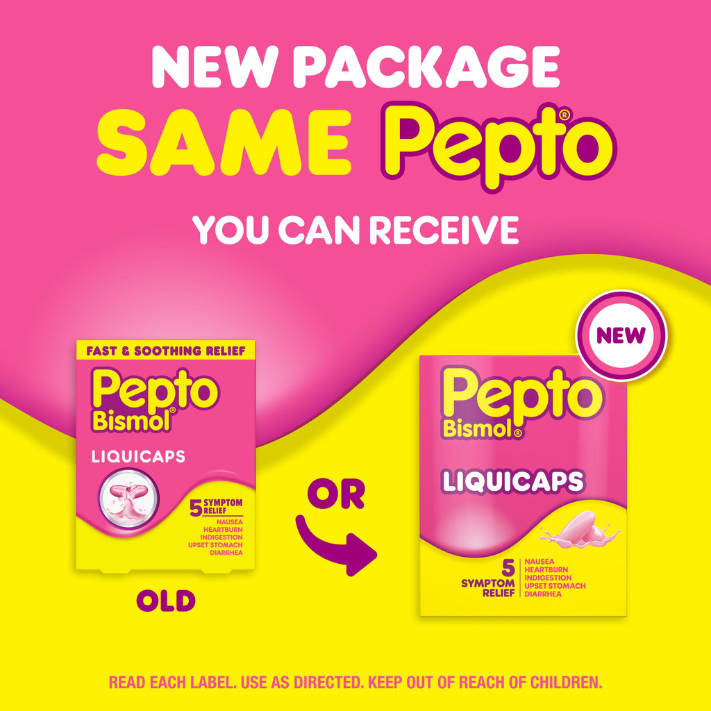 Pepto Bismol Liquicaps, Upset Stomach Relief, Nausea Relief, Heartburn Relief, Indigestion Relief, Anti Diarrhea Medication for Adults - 5 Symptom Fast Relief, No Flavor, 48 ct