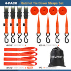 Ratchet Straps, Boat Tie Down Straps to Trailer, Motorcycle Straps, Kayak Tie Downs, 4-PK 1" x 15ft, 1800 LB Break Strength Safety Lock S Hooks & 4 Soft Loops-Secure, Rubber Coated Handle Orange