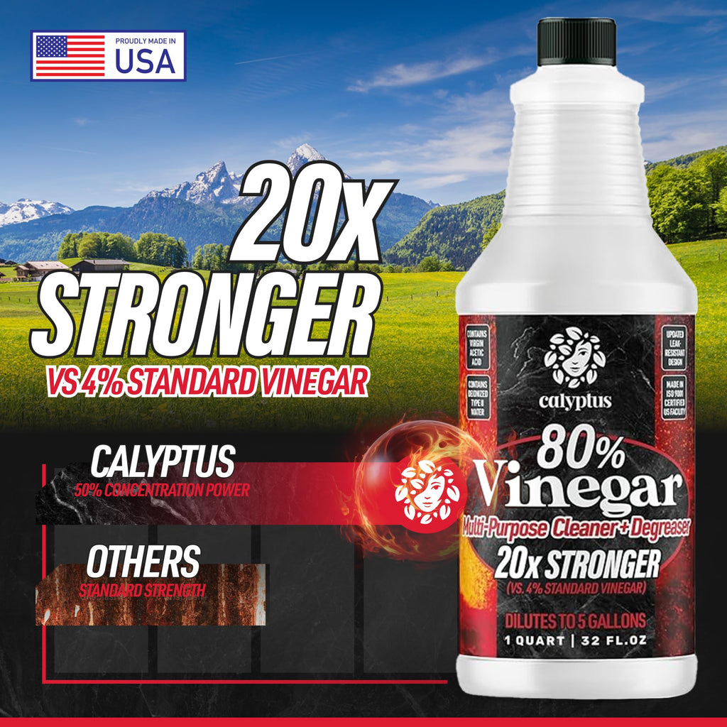 Calyptus 80% Pure Concentrated Vinegar | Ultra-Performance (20X) Power | Technical Grade | Dilutes Easily to 5% Acidity (1 Cup per Gallon) | Home and Outdoor Cleaning Concentrate | 2 Quart