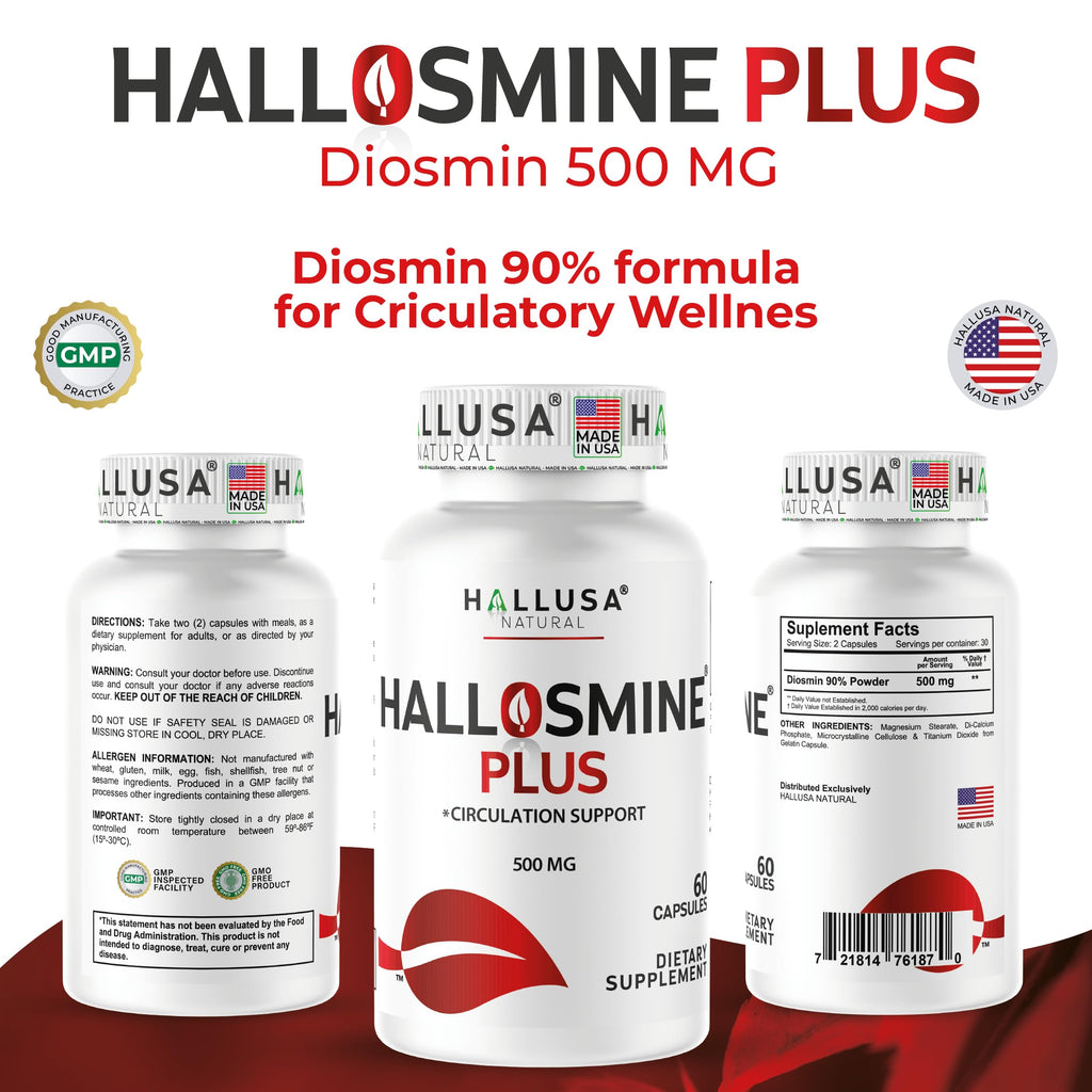 Hallusa Natural Hallosmine Plus Diosmin 500mg + Bonus Leg Cream | Circulation & Vein Support for Swelling & Heavy Legs, Lymphatic Drainage, Blood Flow, Vascular Health & Visible Veins, 60 Capsules