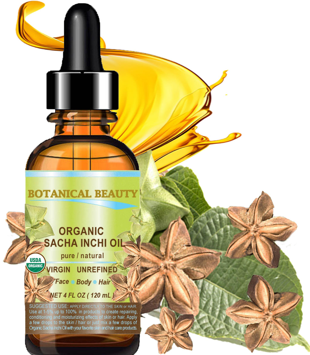 Botanical Beauty Organic SACHA INCHI OIL 100% Natural Pure Undiluted Virgin Unrefined Cold Pressed Carrier Certified Organic Oil For Face, Skin, Hair, Lip, Nails, Rich in Vitamin E (4 Fl Oz 120 ml)