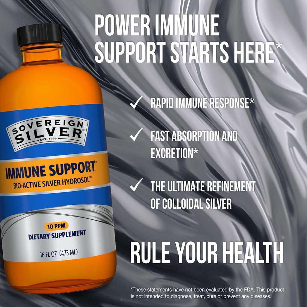 Sovereign Silver Immune Support - Colloidal Silver, Bio-Active Silver Hydrosol, 10 ppm, Liquid Twist Top, 16 Fl Oz, (473 mL)