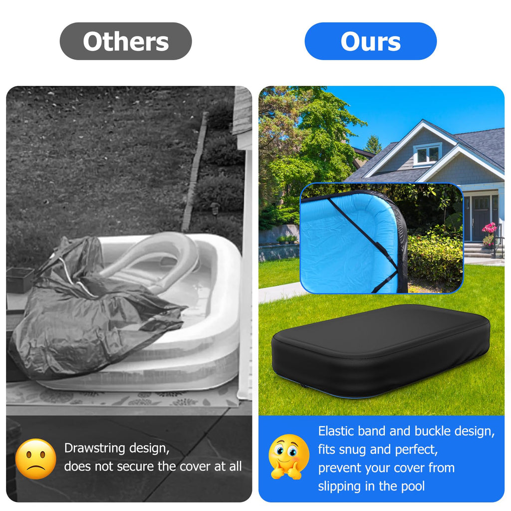 Rectangular Pool Cover for Inflatable Pool, Fits Blow Up Pool Size 103" L x 69" W, Built-in Elastic Band and Extra Buckle to Prevent Slipping, Rectangle Above Ground Swimming Pool Cover