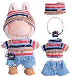 4-Piece Handcrafted 15cm/17cm Doll Clothes for Labubu (No Doll), Cute and Crochet Colorful Rainbow Outfits with Accessories, Hand Crocheted Hat, Sweaters, Blue Pants, Camera Bag for Girls Boys AK072