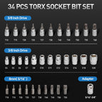 34-Piece 3/8'' Drive Torx Star Bit sockets CR-V E-Socket Set, E4-20, T10-60, Tamper Proof Set TT10-TT55, 5/16"F to 3/8"M adapter with Storage Case,S2 Steel, Ideal for Car,Trucks,Home Improvement
