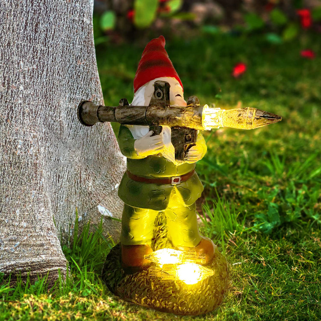 PERFECTOP Solar Military Garden Gnome Statue with RPG, Large War Army Combat Defender Soldier Patriotic Gnome Figurine with Gun, Outdoor Patio Yard Lawn Home Ornament Decor, Valentine's Day Men Gift