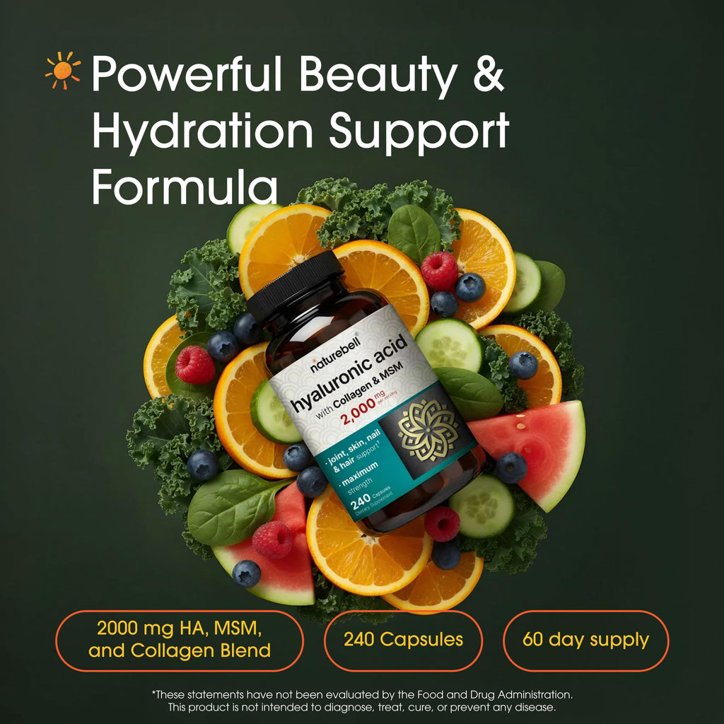 NatureBell Hyaluronic Acid 2,000mg with Collagen & MSM - 240 Capsules - Skin Hydration, Hair, Nail & Joint Support - Water Soluble Formula for Easy Absorption* - Non-GMO & Gluten-Free