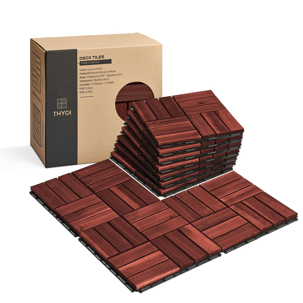 THYOI Deck Tiles, Patio Flooring - Outdoor Waterproof Acacia Wood Tiles for All Weather Use - Balcony, Backyard, Indoor & Outdoor (Natural Rosewood, Set 10 Crossed Pattern)