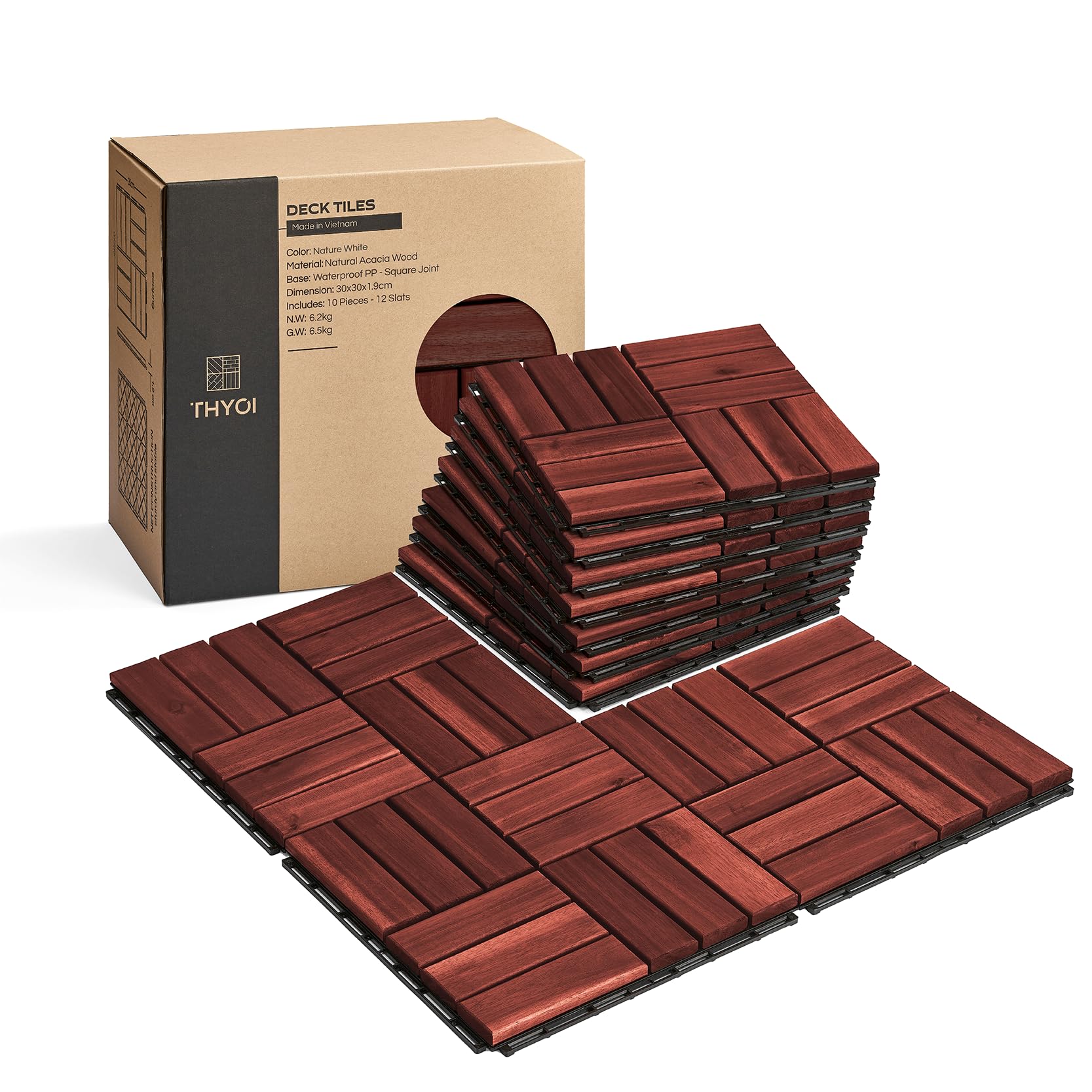 THYOI Deck Tiles, Patio Flooring - Outdoor Waterproof Acacia Wood Tiles for All Weather Use - Balcony, Backyard, Indoor & Outdoor (Natural Rosewood, Set 10 Crossed Pattern)