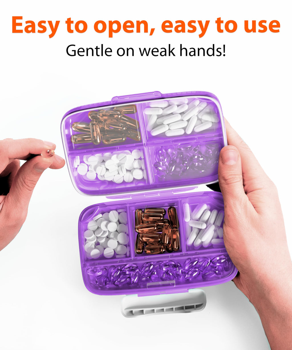 Travel Pill Organizer – Moisture-Proof Medicine Pill Organizer with Labels, 8 Compartment Pill Box Case for Vitamins & Supplements, Portable Pocket Pharmacy (Purple)