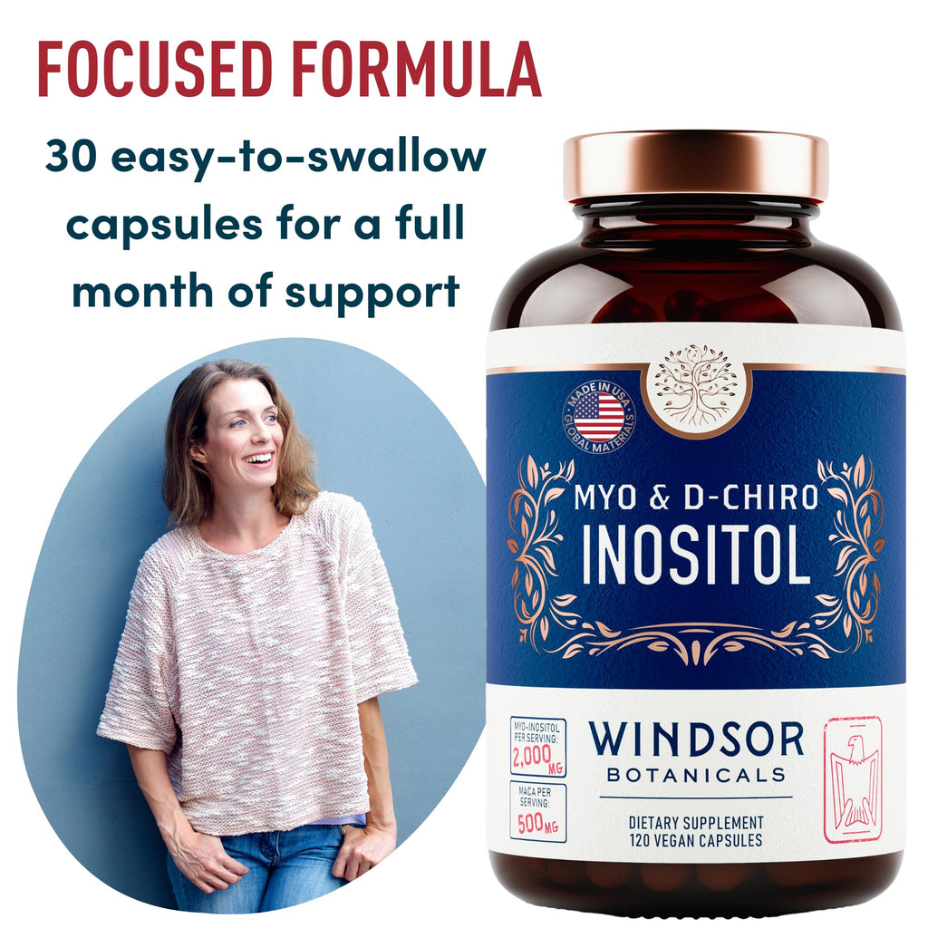 WINDSOR BOTANICALS Myo-Inositol & D-Chiro Inositol 40:1 Ratio - Inositol Supplements with Maca Root & Ashwagandha - 120 Vegan Capsules